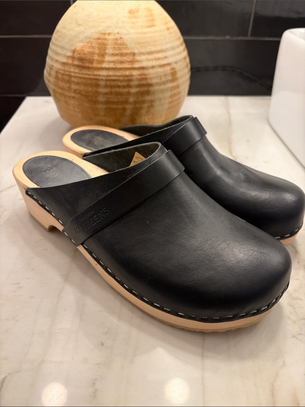 Swedish Hasbeens Black Leather Clogs with Natural Wood Sole